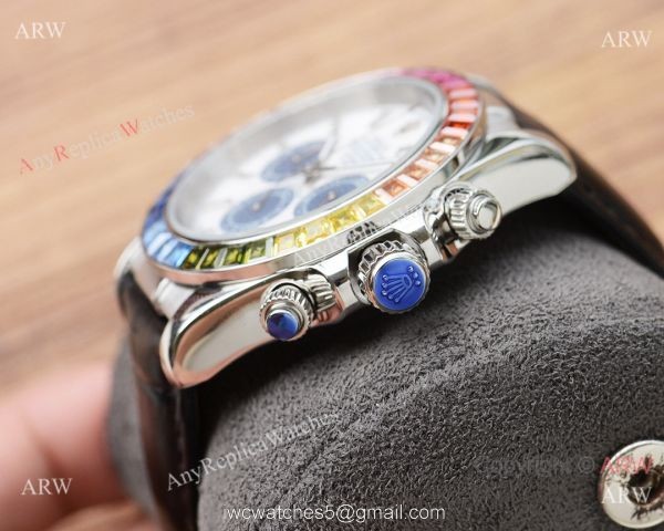 Fake Rolex Daytona Rainbow Watch Leather Band White Dial Japan-quartz 7
