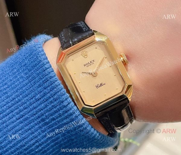 Replica Rolex Cellini 24MM Yellow Dial Gold Case Leather Strap Watch For Lady 7