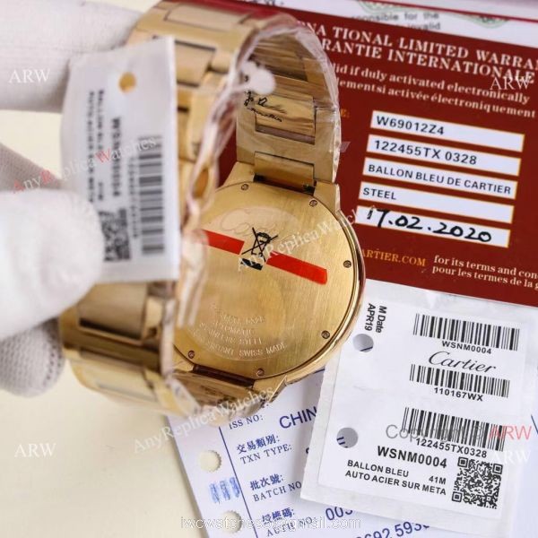 Replica V6 Cartier Balloon Blue Rose Gold Case White Face Watch SS Strap 7