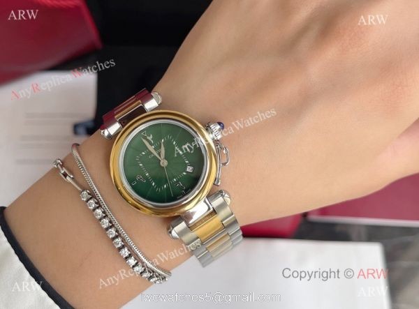 Replica Cartier Pasha Deep Green Dial 2-Tone Gold Watch With Arabic Markers 7