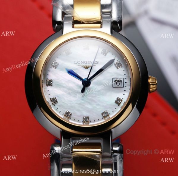 Swiss Quartz Longines PrimaLuna Ladies Watch 2-Tone White MOP Dial 7