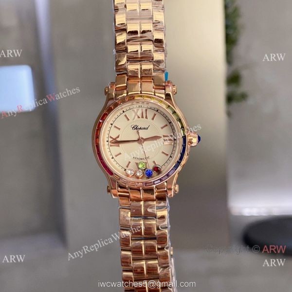 Replica Chopard Happy Sport Quartz 30mm Watch Rainbow bezel Rose Gold 7
