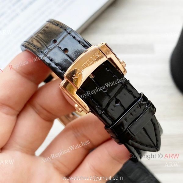 Clone Patek Philippe Annual Calendar Nautilus Watch Brown Leather Strap Diamond Bezel 7