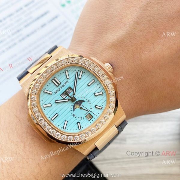 New Clone Patek Philippe Nautilus Annual Calendar Watch Baby Blue Face with Diamonds 7