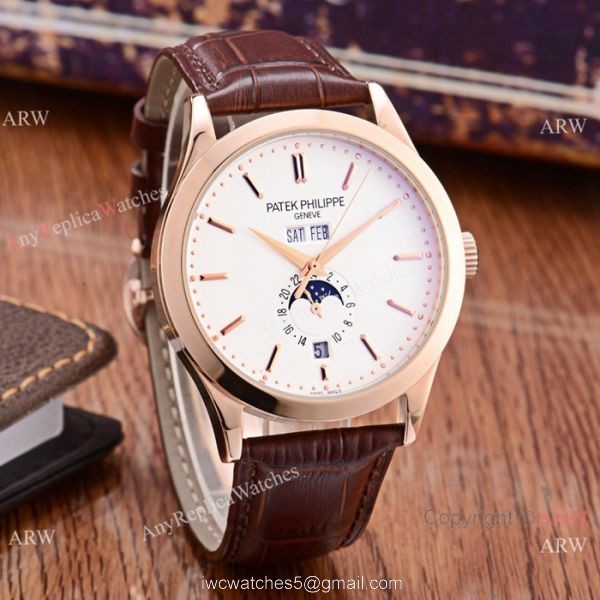 Patek Philippe Perpetual Calendar Rose Gold Case with Brown Leather Strap Watch 7