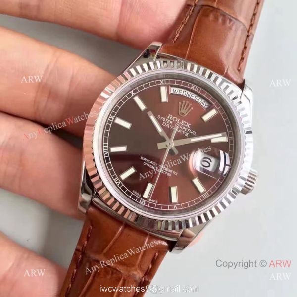 Swiss Coipy Rolex Day Date Oyster Watch Brown Dial Brown Leather Replica 8
