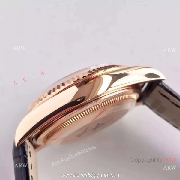 Swiss Copy Rolex Rose Gold Day Date Watch Silver Dial Black Leather Replica 8