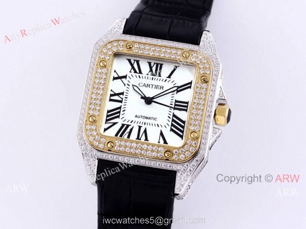 Iced Out Cartier Santos Watch Two Tone Case Automatic Movement 8
