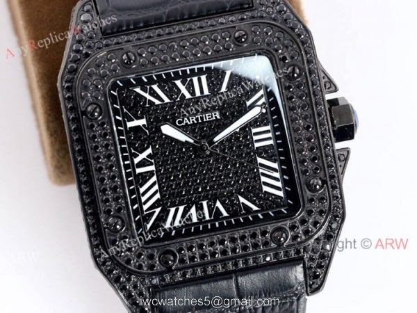 AAA Replica Cartier Santos Black Diamond Watch Automatic 8