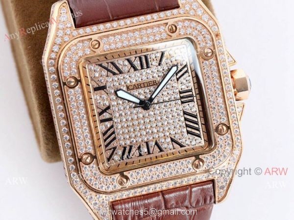 Iced Out Cartier Santos Diamond Watch Automatic Brown Leather Strap 8