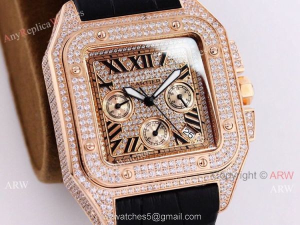 Knockoff Cartier Santos Chronograph Watch Rose Gold Diamond 45mm 8