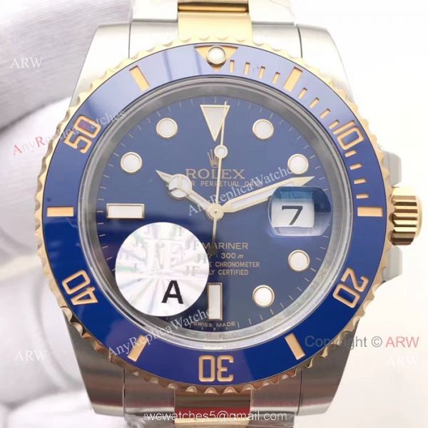 JF Factory Swiss 3135 Rolex Submariner 2 Tone Blue Ceramic Bezel Watch 8