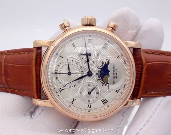 Rose Gold Patek Philippe Moon Phase Brown Leather Mens Replica Watch 8