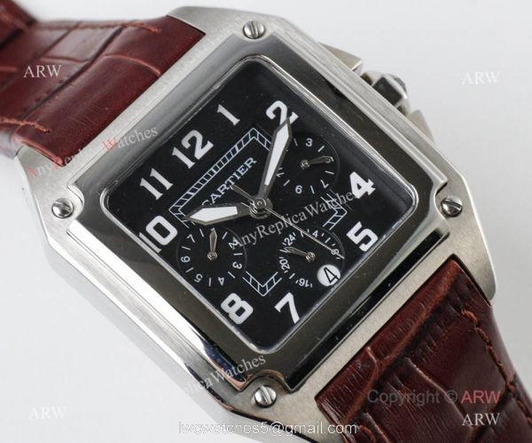 Swiss Grade Replica Cartier Santos 9100 Black Leather Watch 8