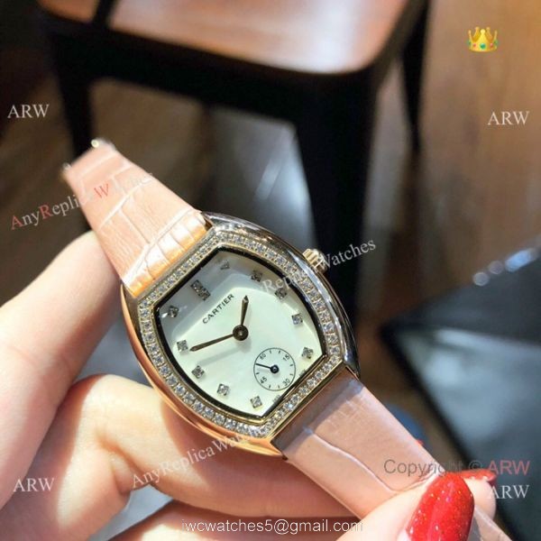 Low Price Cartier Rose Gold Gray Leather Band Ladies Watch 26mm 8