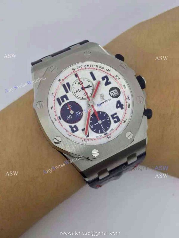 Swiss Audemars Piguet White &038; Blue Chronograph Black Leather Watch 8