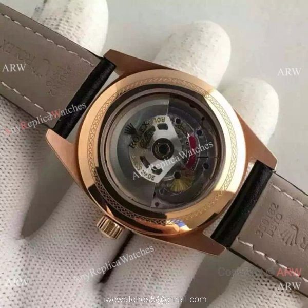 Swiss Replica Rolex Cellini Danaos Replica Watch Rose Gold Black Leather Strap 8