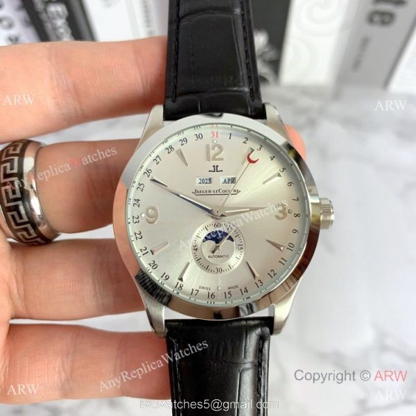 Copy Jaeger-LeCoultre Master Calendar Watch Silver Face Black Leather strap 8