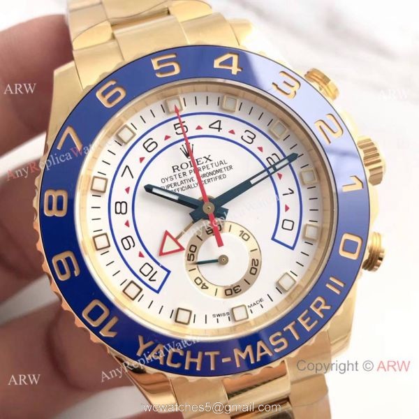 JF Factory Replica Rolex Yacht-master II All Gold Case Blue Ceramic Bezel Men Watch 8
