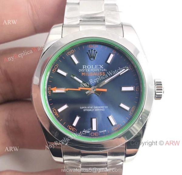 AR Replica Rolex Oyster Perpetual Milgauss SS Blue Dial watch SWISS 3131 8