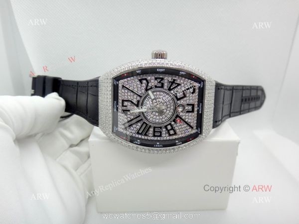 2019 Replica Franck Muller Vanguard Iced Out Full Diamond Watch Silver Case 8