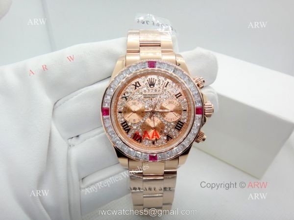 Fake Rolex with Diamond Bezel Daytona Rose Gold Diamond Face Watch 8