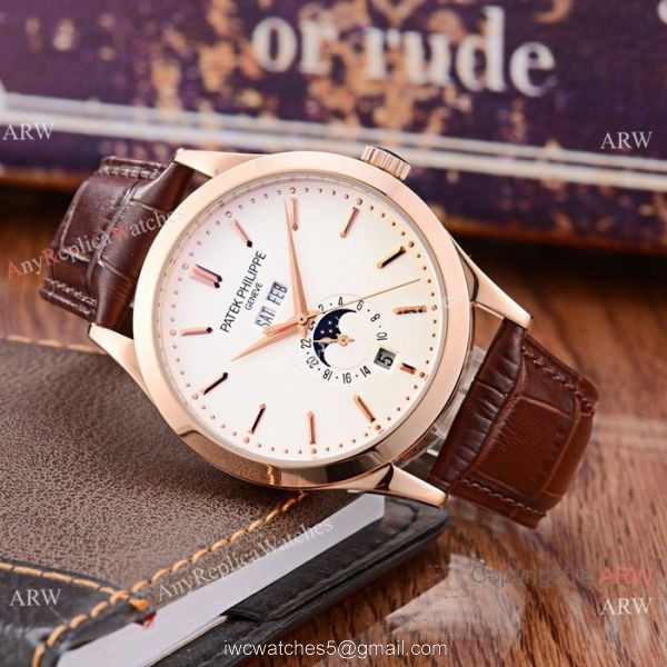 Patek Philippe Perpetual Calendar Rose Gold Case with Brown Leather Strap Watch 8