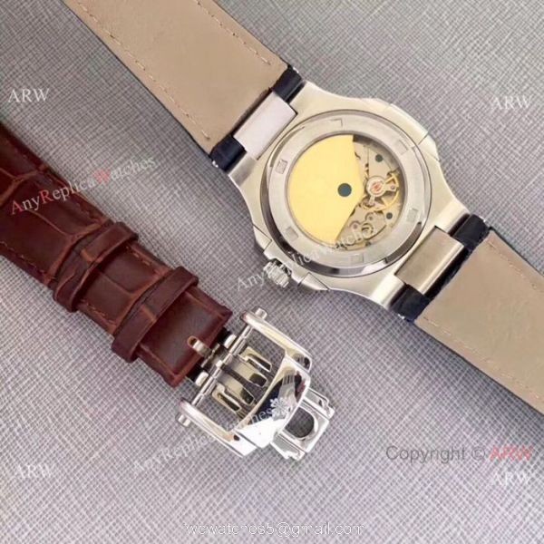 New Patek Philippe Nautilus Watch SS Gray Dial Black Leather Band 8