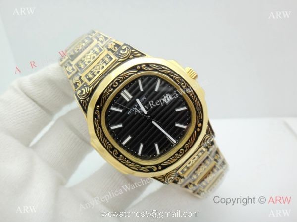 2019 Copy Patek Philippe Engraving Nautilus Watches Yellow Gold Black Dial 8