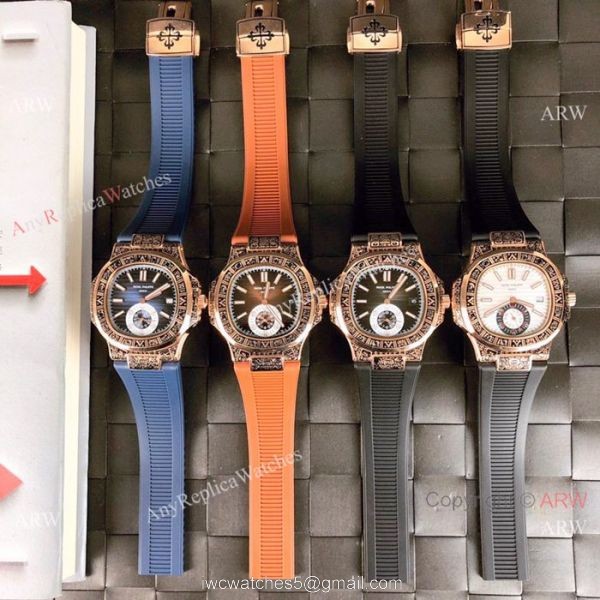 New Replica Patek Philippe Nautilus White Face Rose Gold Tattoo Rubber Strap Watch 8