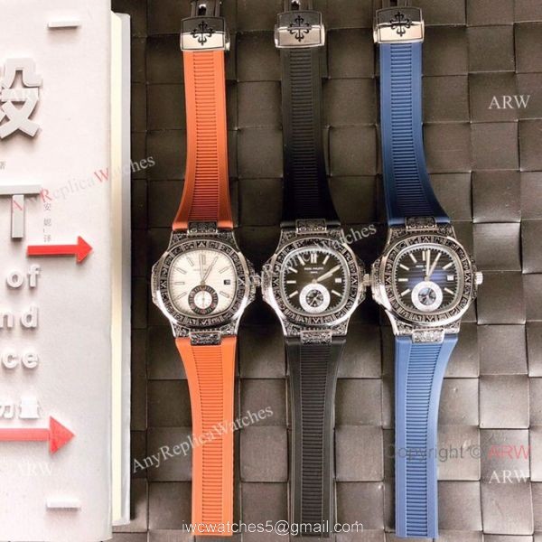 Fake Patek Philippe Engraving Nautilus Blue Rubber Strap Blue Dial 8