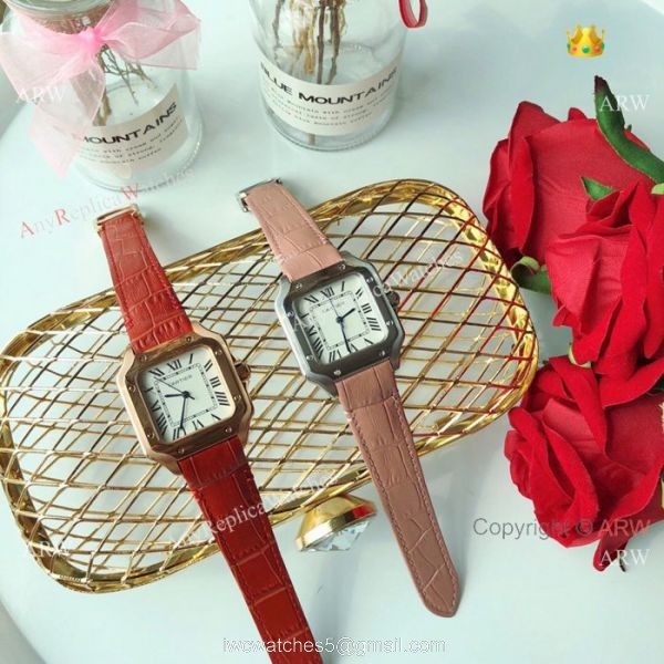New Style Santos Cartier Watch Lady Pink Leather Strap 8