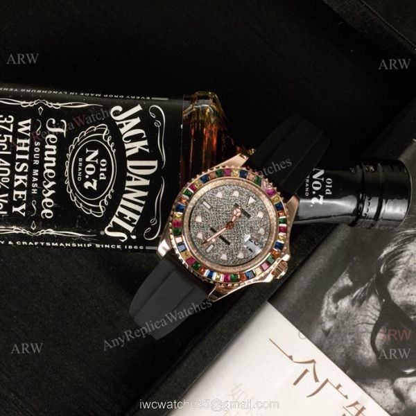 Rolex Yachtmaster Rose Gold Replica Watch Diamond Pave Dial Rainbow Bezel 116695 8