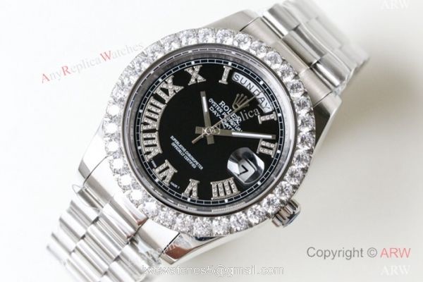 N9 Swiss Rolex Presidential Diamond Bezel Replica Watch Day-Date II SS Black Face 8