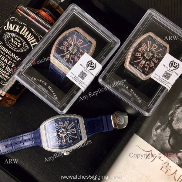 Swiss Copy Franck Muller Iced Out Rose Gold Blue Dial Watch Vanguard Yachting V45 Collection 8