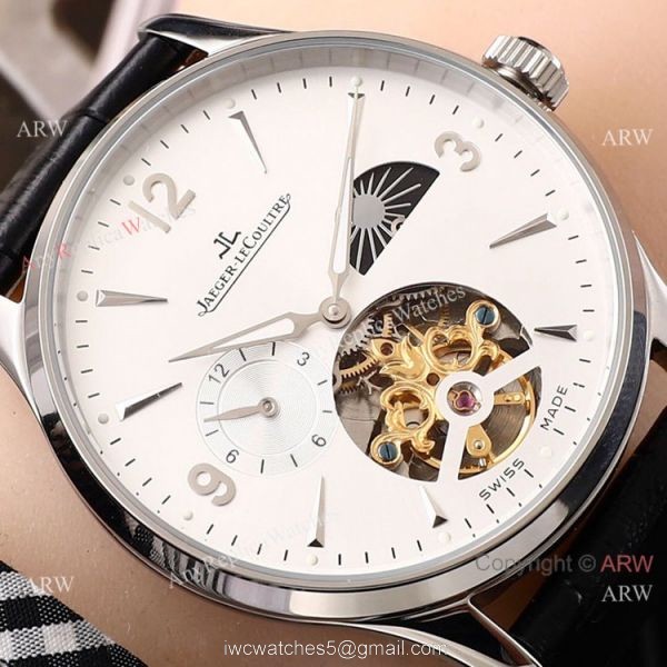 Fake Jaeger LeCoultre Tourbillon White Dial Black Leather Band Watch 42mm 8