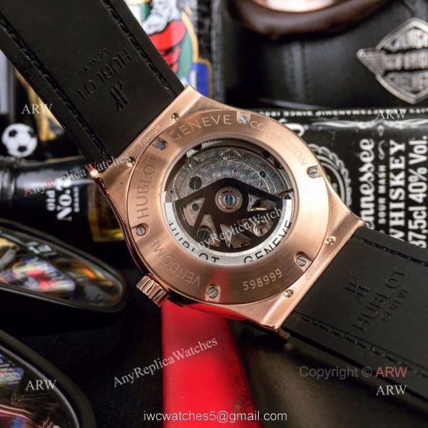 Iced Out Hublot Classic Fusion Watch Replica Rose Gold Gray Gummy Strap 8