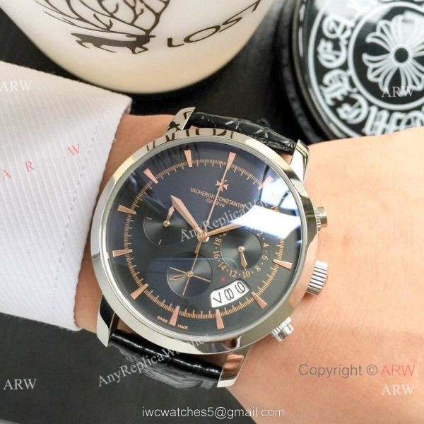 Best Copy Vacheron Constantin Chronograph Watch Silver Dial Black Leather strap 8