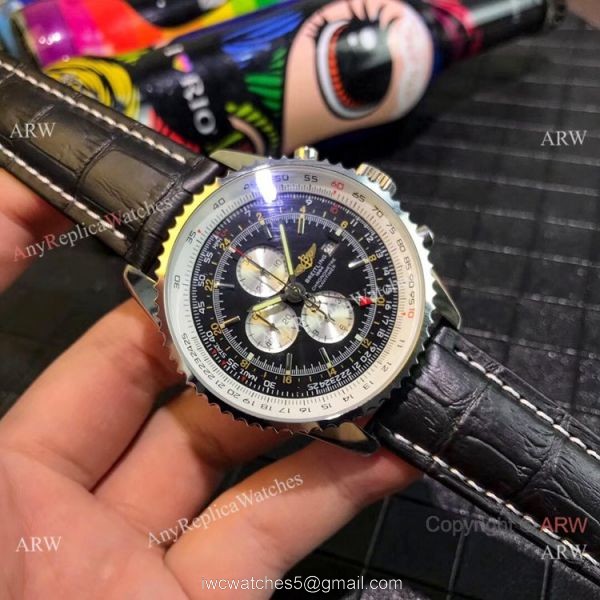 Copy Breitling Navitimer world GMT Chrono Watch Blue Dial Blue Leather Strap 8