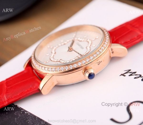 Copy Cartier Red Leather Strap Rose Gold Diamond Quartz Watch 35mm 8