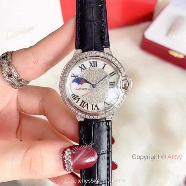 Ballon Bleu de Cartier 36mm Replica Watches Gold Diamond Green Leather Band 8
