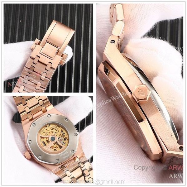 High Quality Fake AP Skeleton Royal Oak Rose Gold Black Dial Watch 8