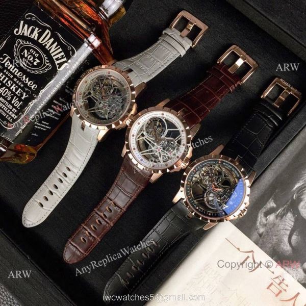 Copy Roger Dubuis Excalibur Flying Tourbillon Watches SS Gray Leather Strap 8