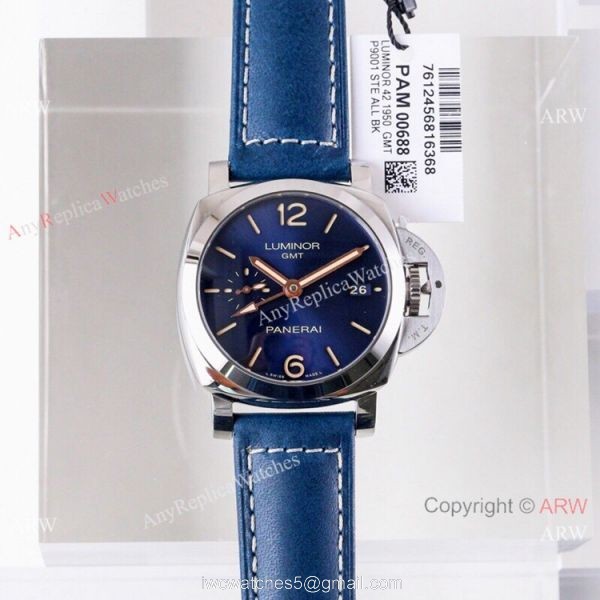 (VS) Copy Panerai Luminor 1950 GMT Blue Dial PAM 688 Watch Swiss Panerai Bracelet 8