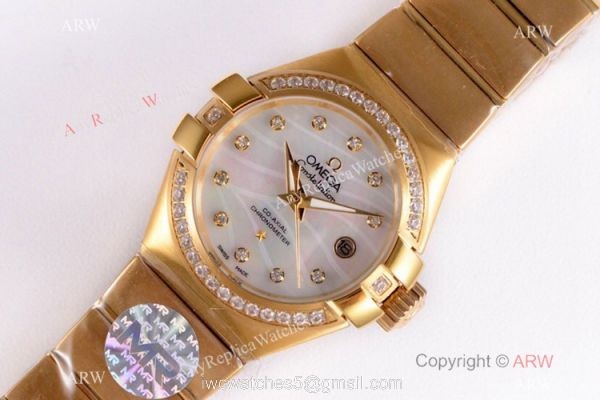 Swiss Replica Omega Constellation 27mm Watch Yellow Gold Pink MOP Dial 8