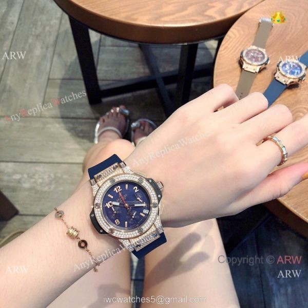 Copy Hublot Big Bang Rose Gold Diamond Blue Dial Watches 8
