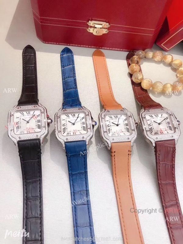 Cartier Santos 100 Diamond Replica Watch SS Diamond Case Blue Leather Strap 8