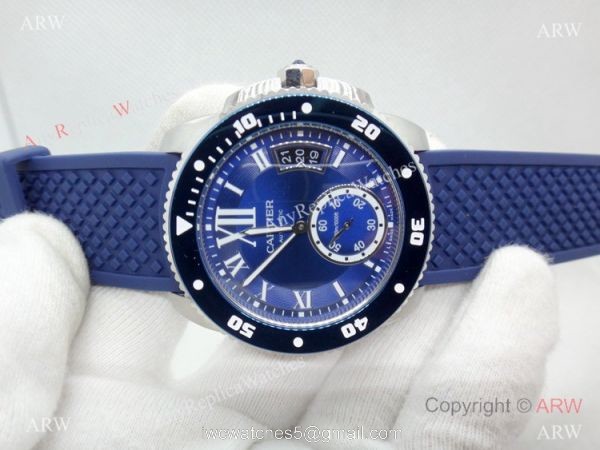 Copy Cartier Calibre De Diver SS Blue Rubber Strap Watch Low Price 8