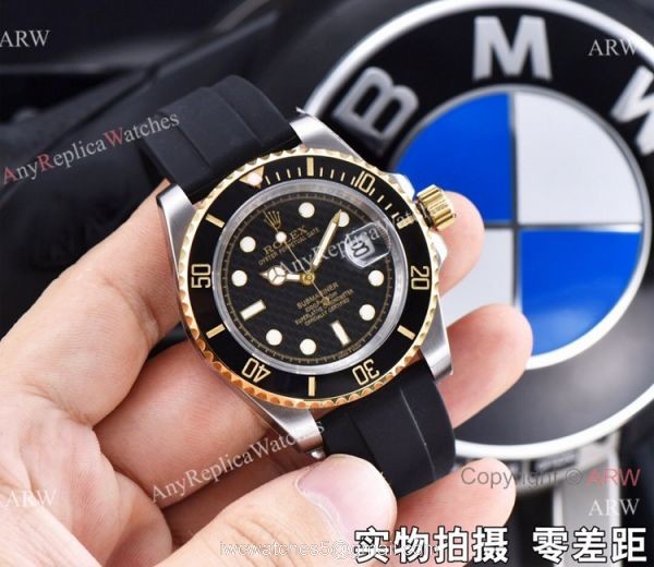 Rolex Submariner Clone Two Tone Black Rubber Strap Watch 41mm 8