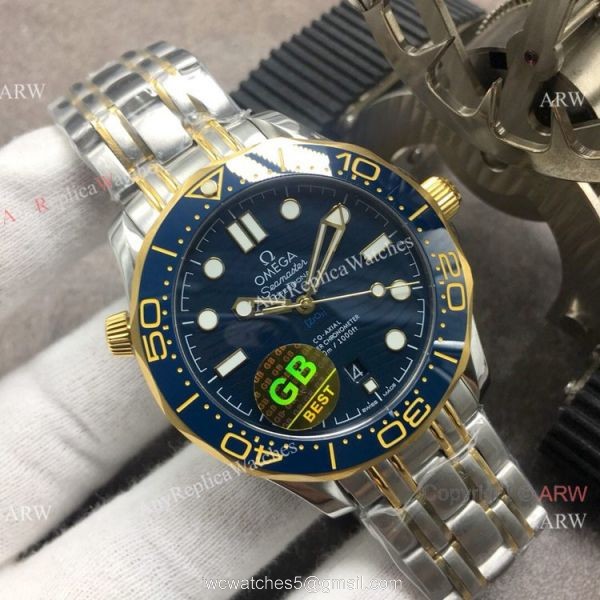 GB Factory Seamaster Diver 300M James Bond Replica Watch 2-Tone Blue Ceramic Omega 8800 Movement 8